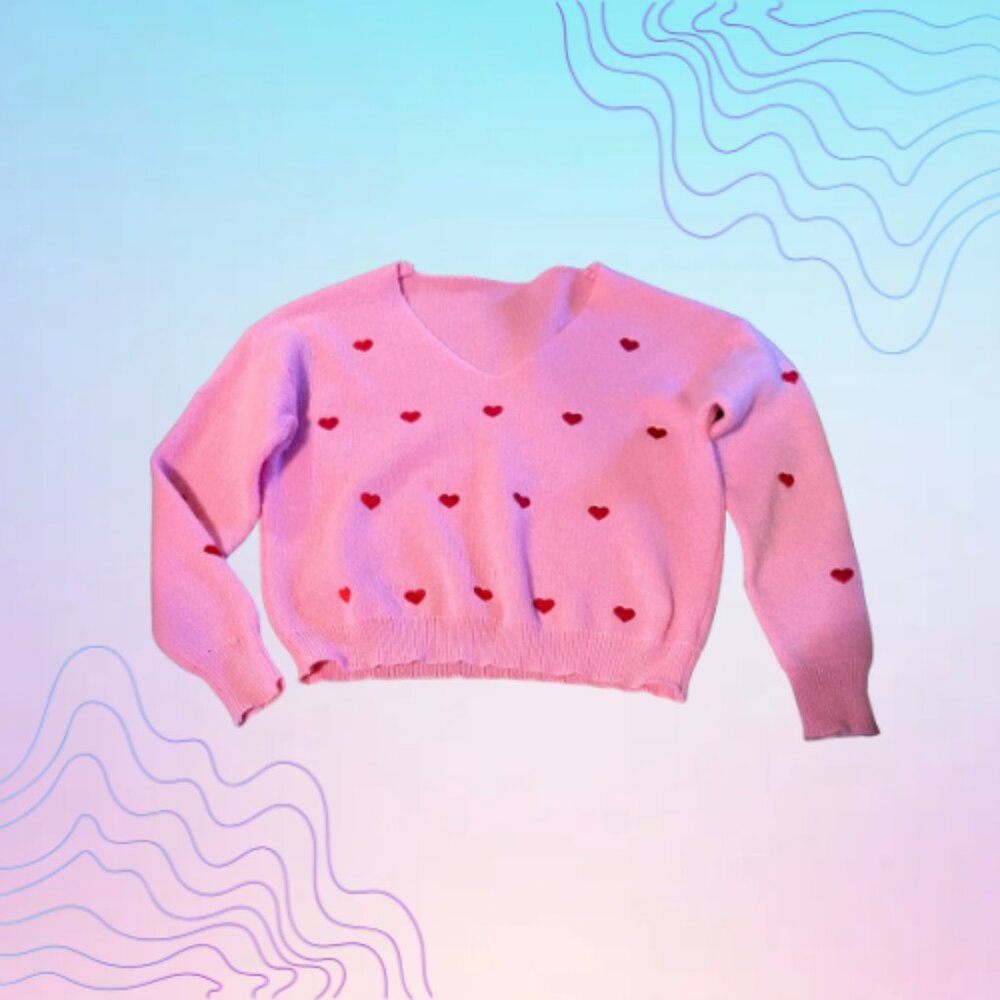 PINK Heart Print V-Neck Sweater